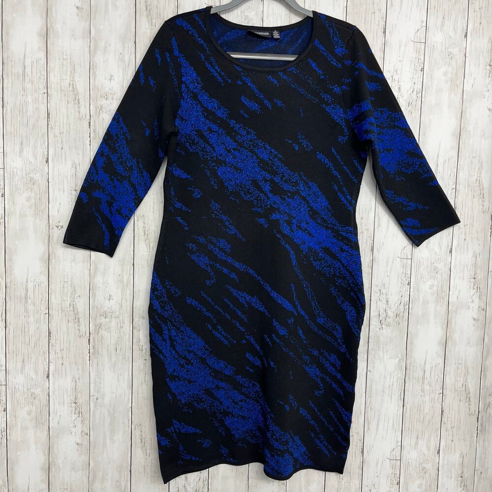 Nina Leonard Jacquard Sheath Sparkle Black Blue Fitted Knit Sweater Dress Medium